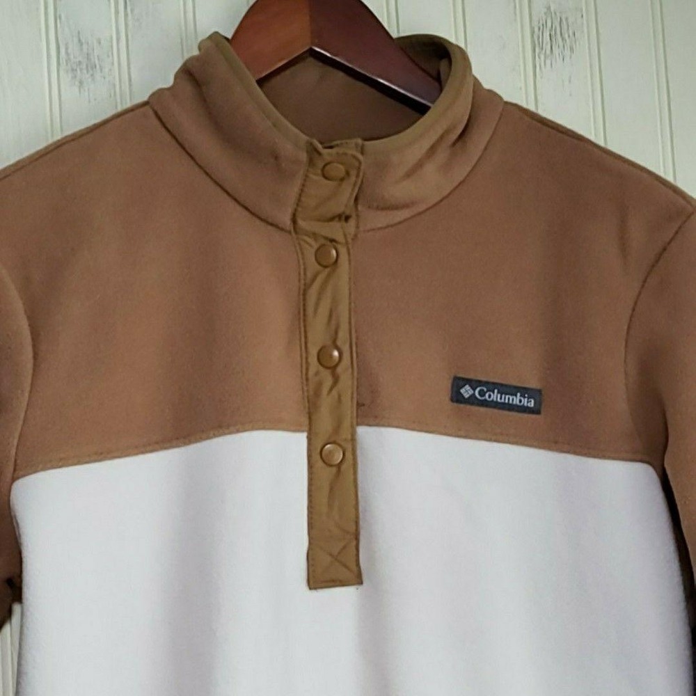 Columbia Jacket Womens Medium‎ Tan White Colorblock Fleece Snap Pullover Top